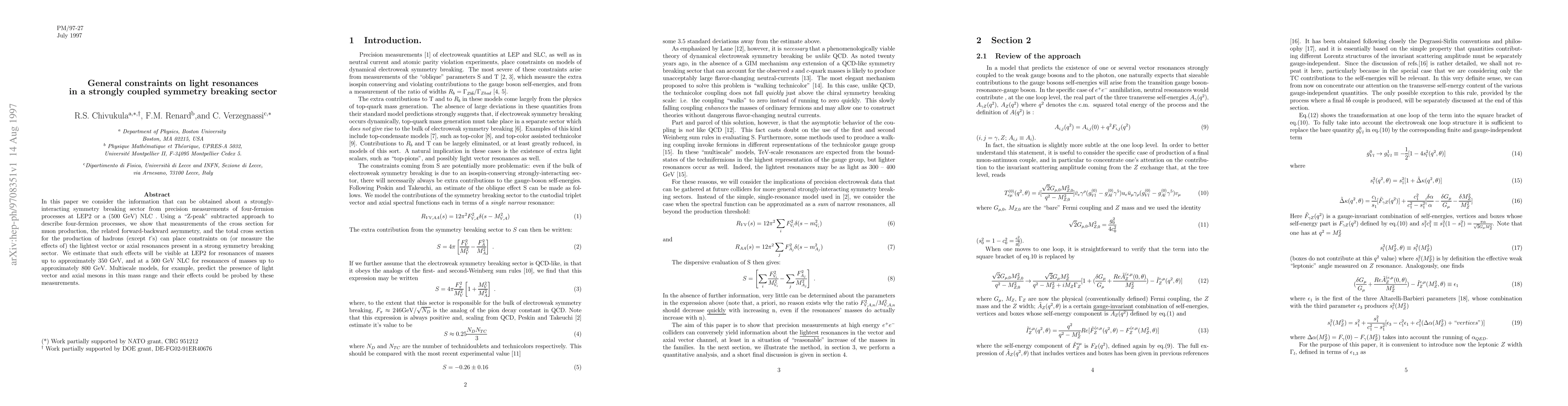 Thumbnail for General constraints on light resonances in a strongly coupled symmetry
  breaking sector