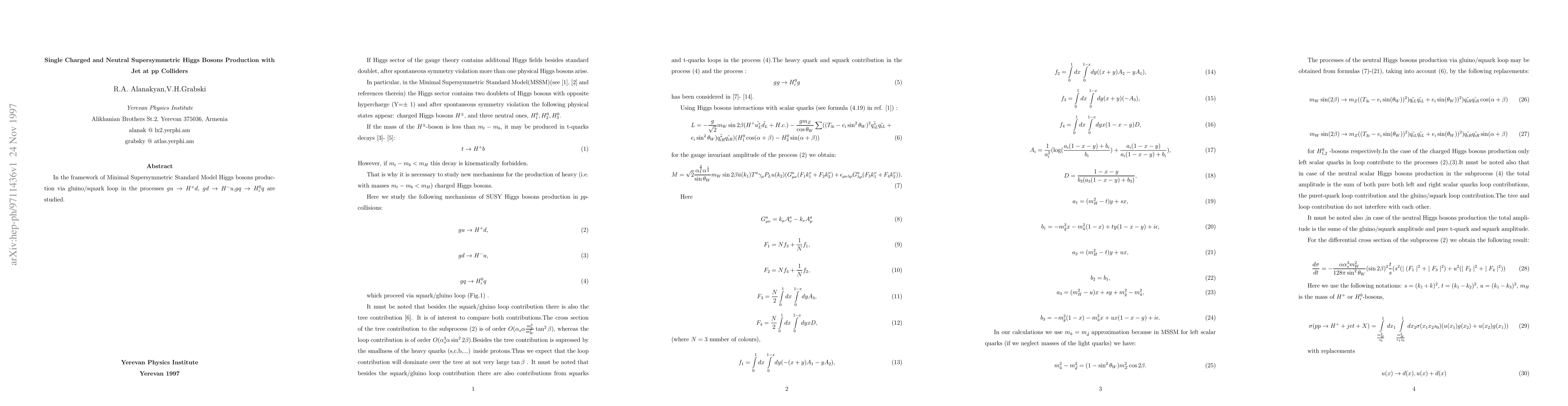 Thumbnail for Single Charged and Neutral Supersymmetric Higgs Bosons Production with
  Jet at pp Colliders