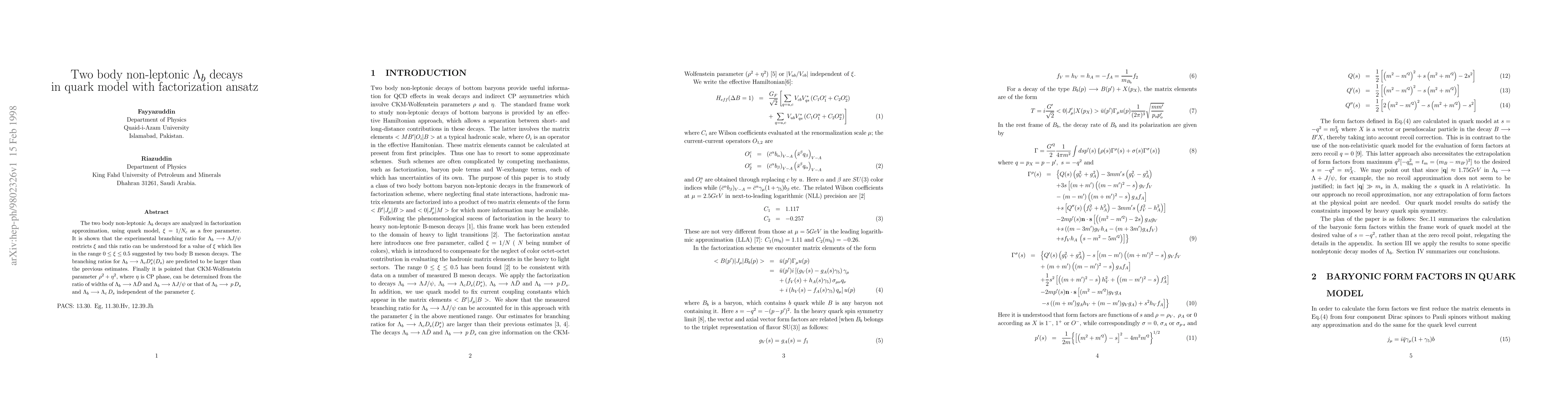 Thumbnail for Two body non-leptonic $\Lambda_b$ decays in quark model with
  factorization ansatz