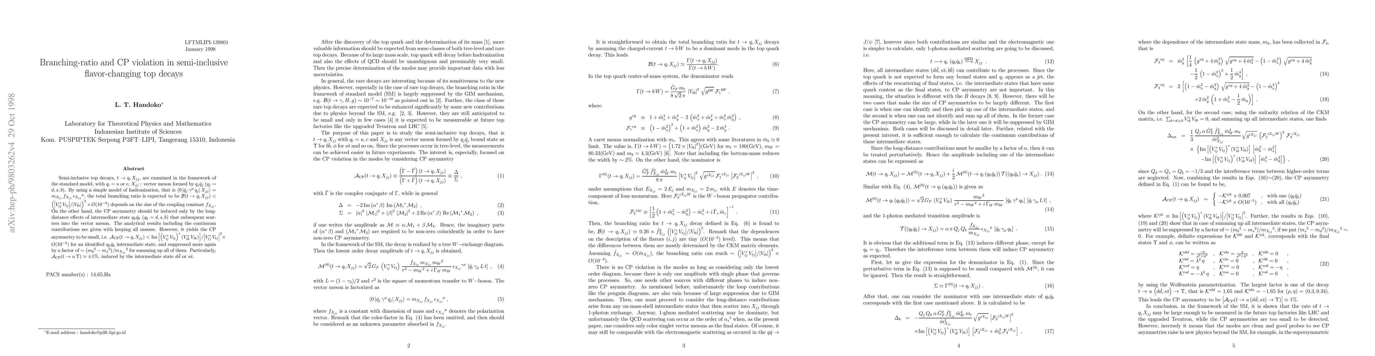 Thumbnail for Branching-ratio and CP violation in semi-inclusive flavor-changing top
  decays