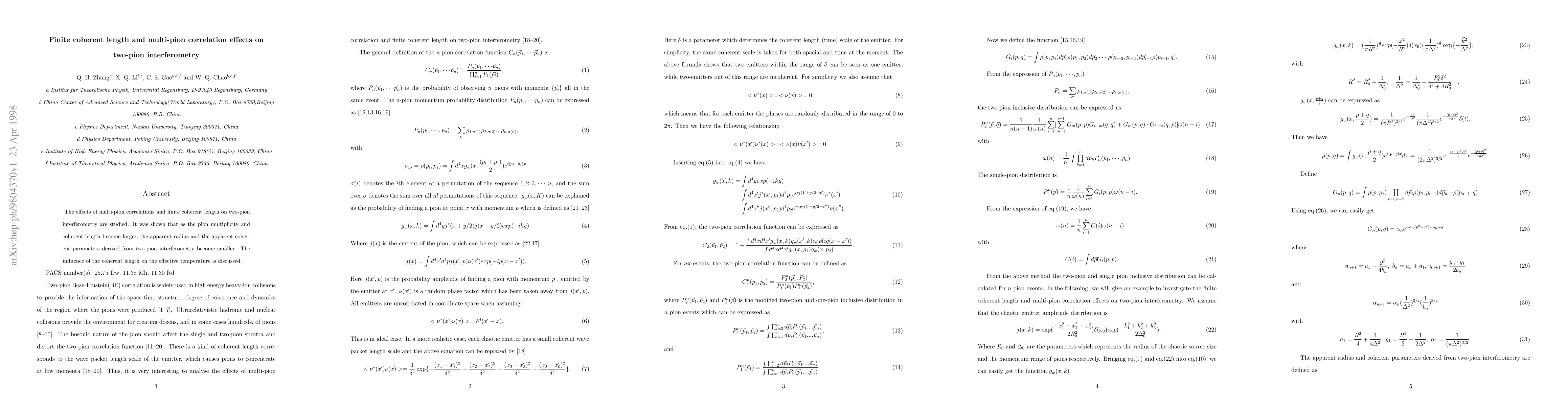 Thumbnail for Finite coherent length and multi-pion correlation effects on two-pion
  interferometry