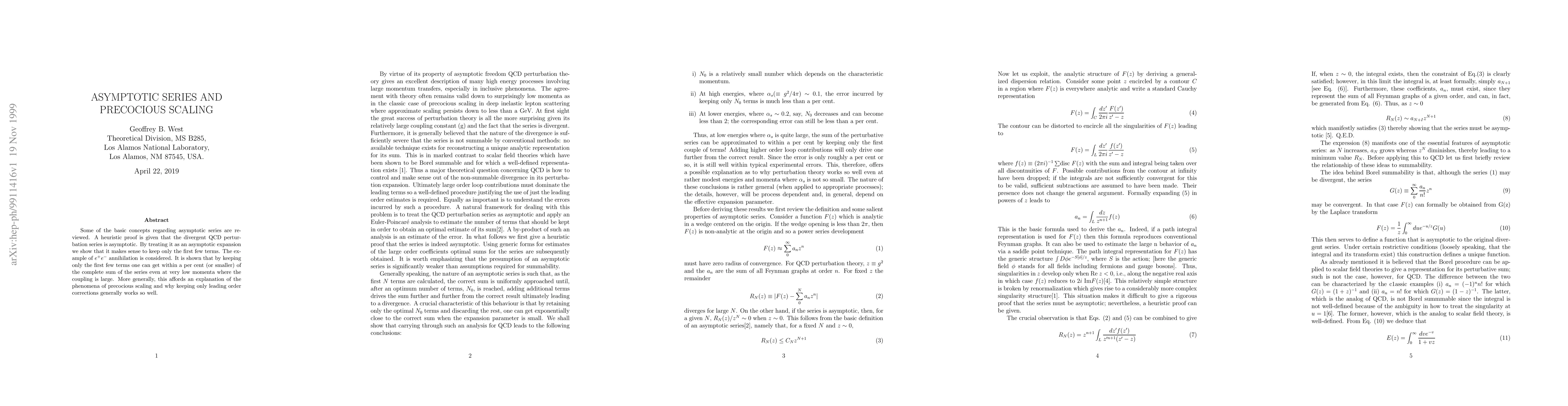 Thumbnail for Asymptotic Series and Precocious Scaling