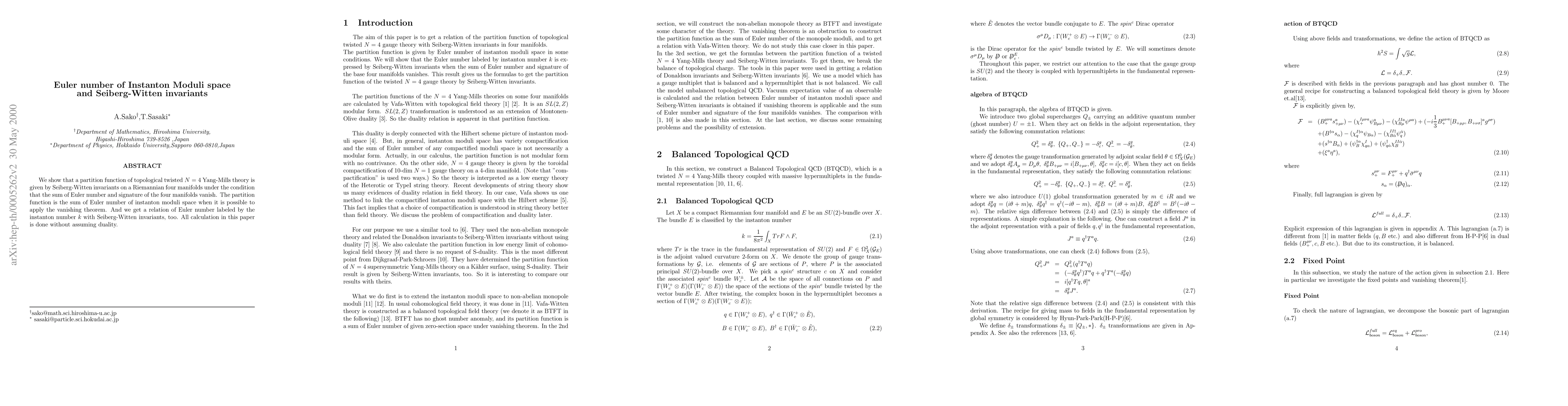 Thumbnail for Euler number of Instanton Moduli space and Seiberg-Witten invariants