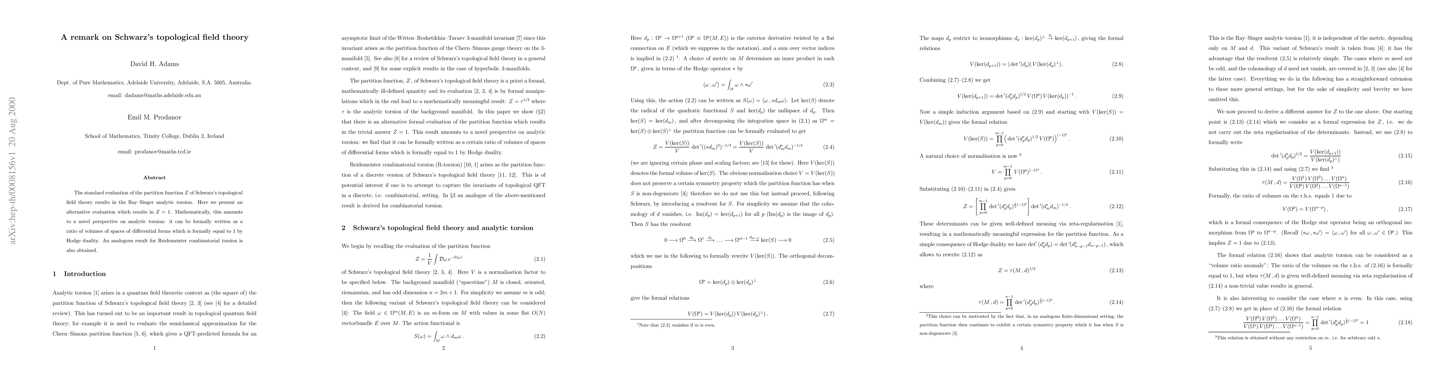 Thumbnail for A remark on Schwarz's topological field theory