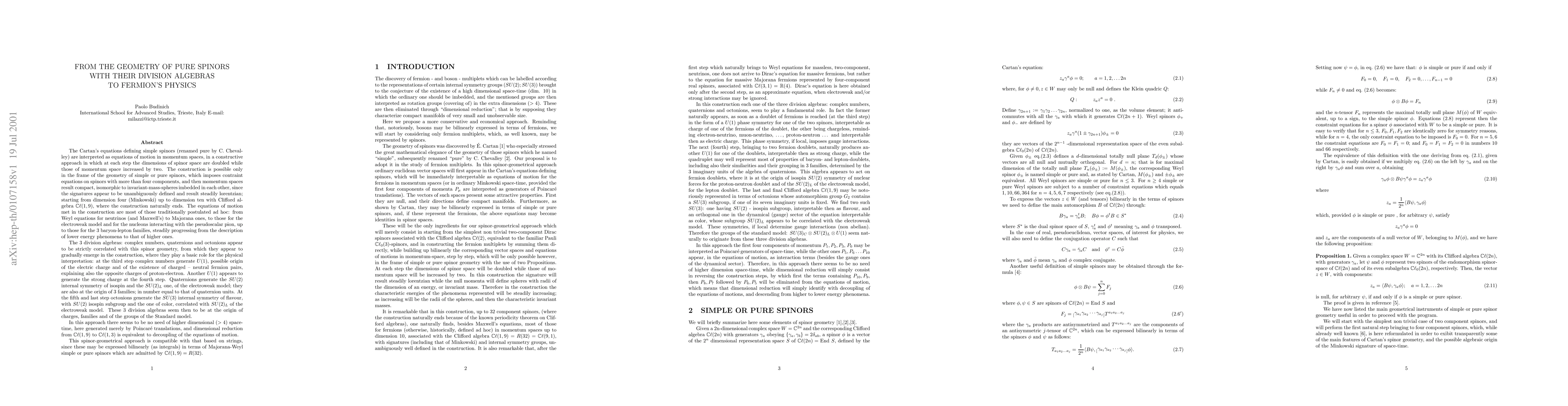 Thumbnail for From the Geometry of Pure Spinors with their Division Algebras to
  Fermion's Physics