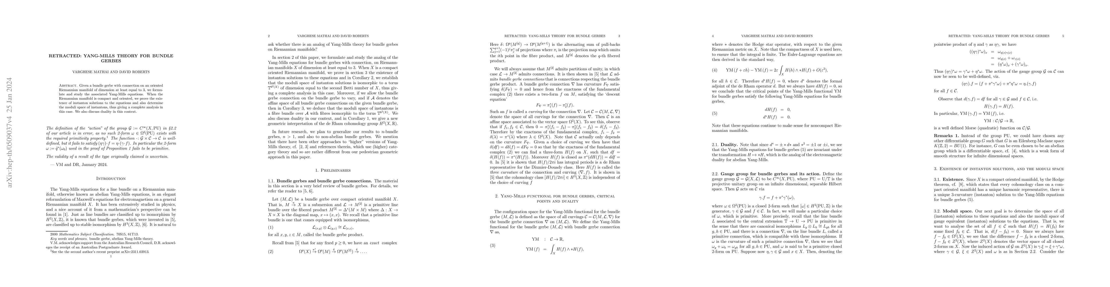 Thumbnail for RETRACTED: Yang-Mills theory for bundle gerbes