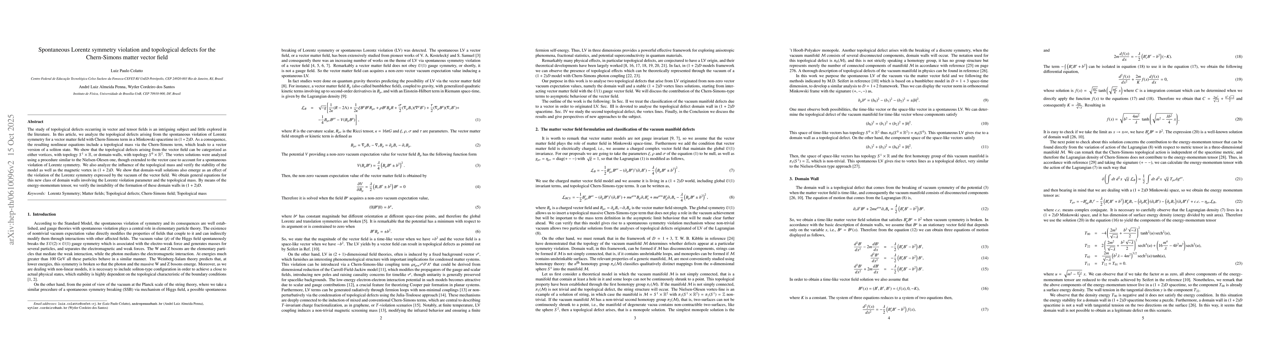 Thumbnail for Spontaneous Lorentz symmetry violation and topological defects for the
  Chern-Simons matter vector field