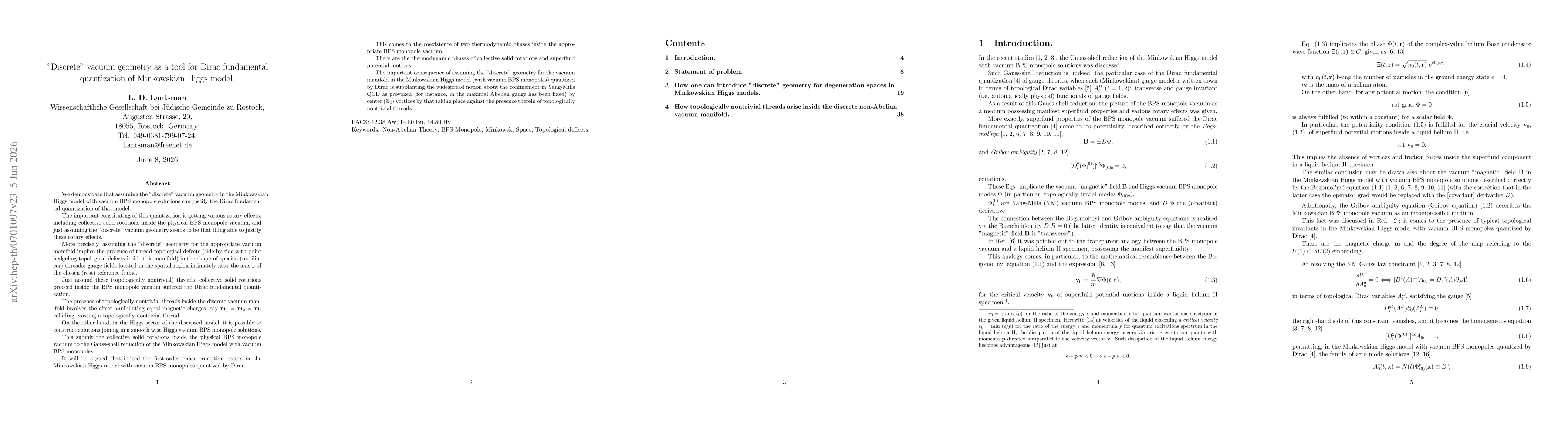 Thumbnail for "Discrete" vacuum geometry as a tool for Dirac fundamental quantization
  of Minkowskian Higgs model