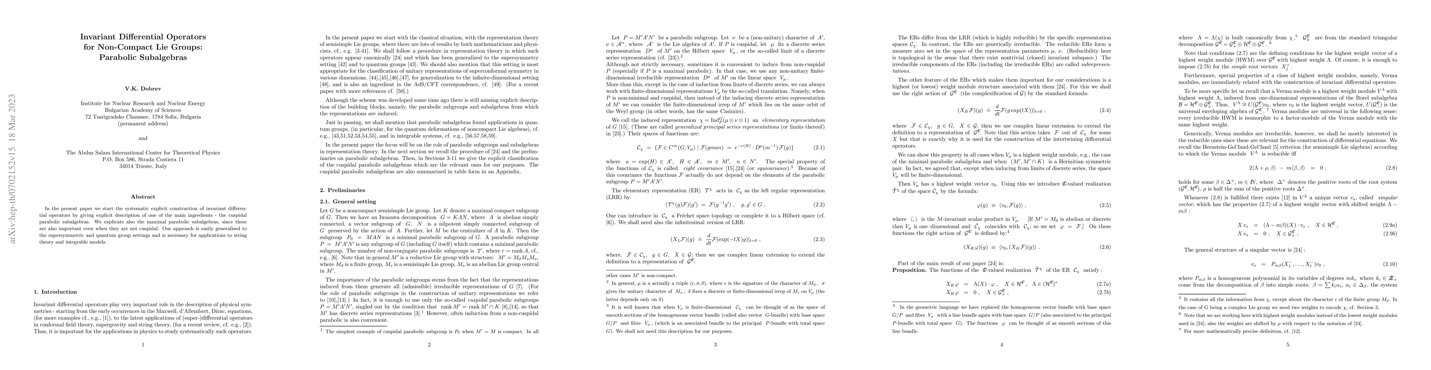 Thumbnail for Invariant Differential Operators for Non-Compact Lie Groups: Parabolic
  Subalgebras