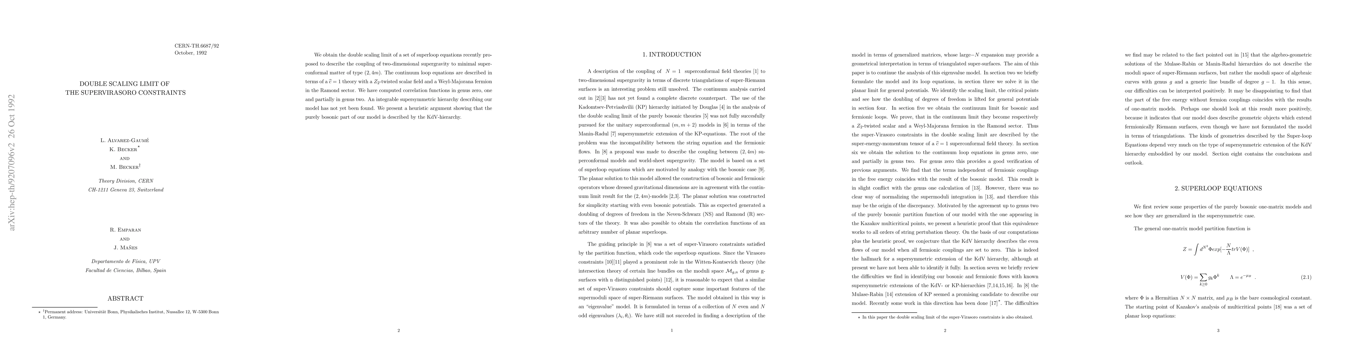 Thumbnail for Double Scaling Limit of the Supervirasoro Constraints
