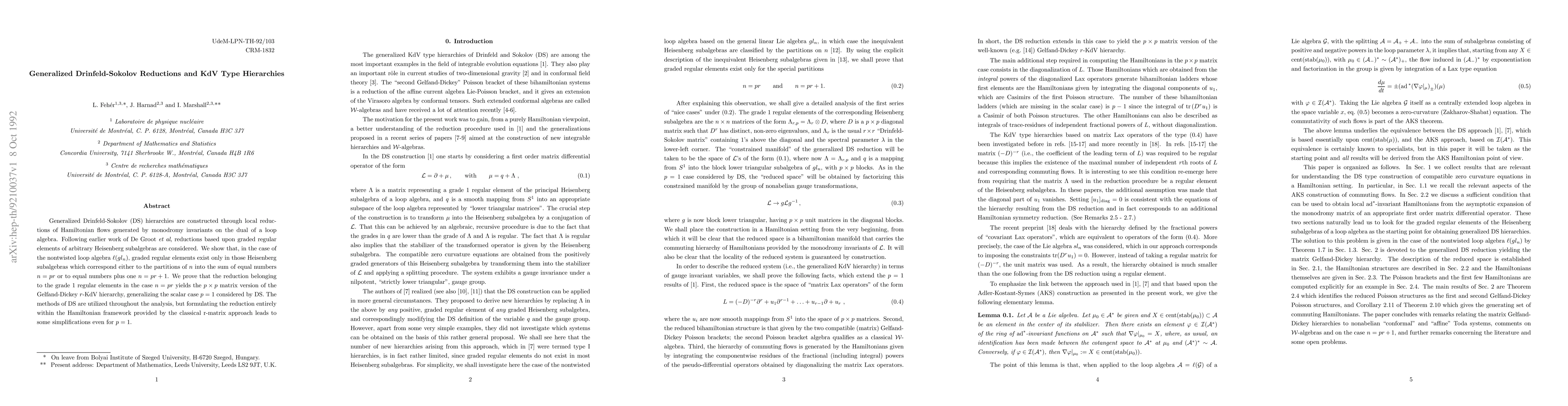 Thumbnail for Generalized Drinfeld-Sokolov Reductions and KdV Type Hierarchies