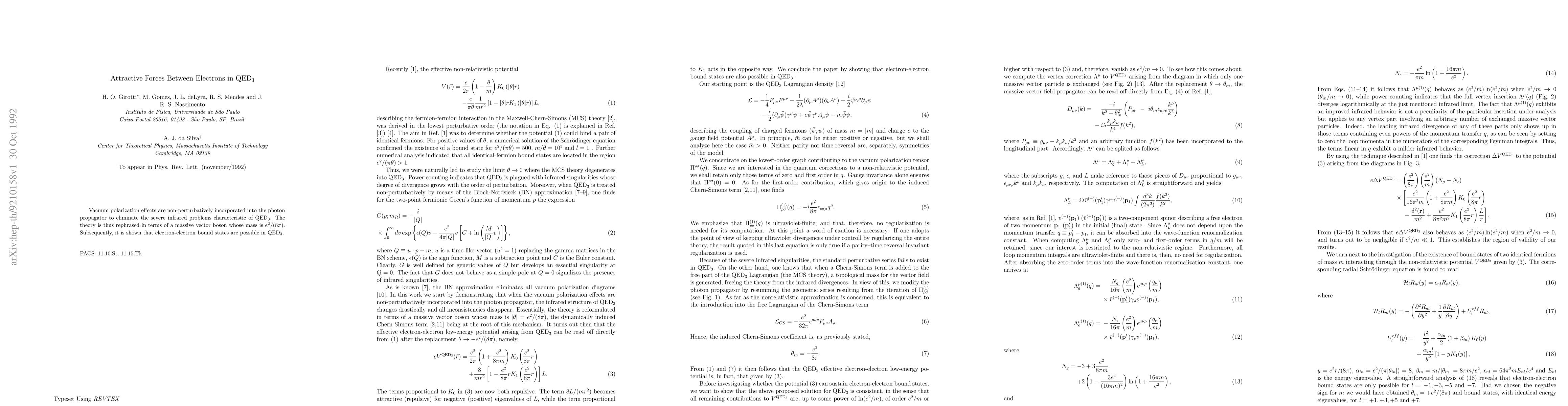 Thumbnail for Attractive Forces Between Electrons in QED$_{3}$