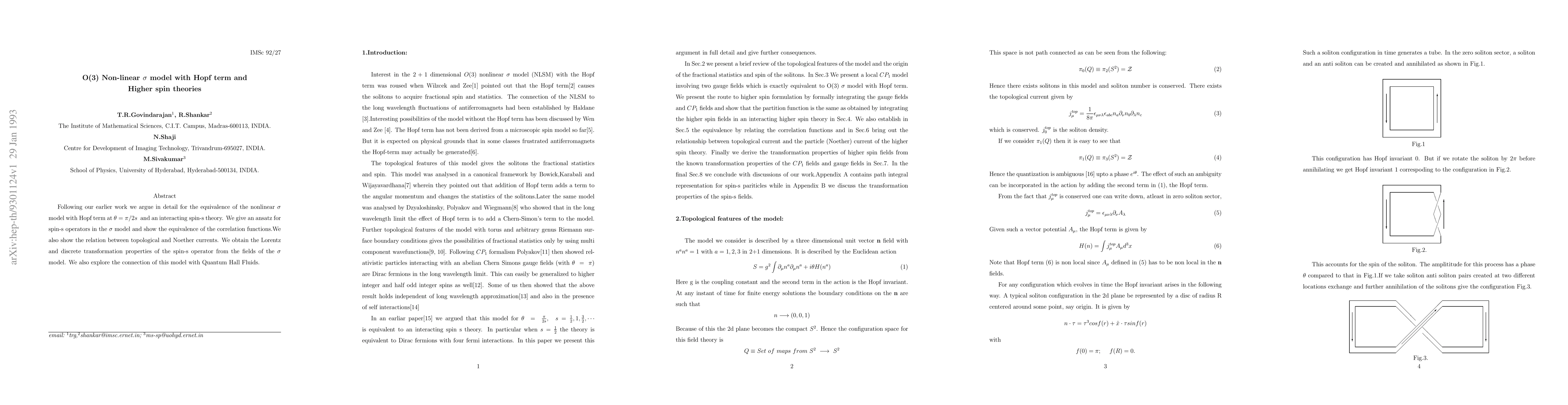 Thumbnail for O(3) Non-linear $\sigma$ model with Hopf term and Higher spin theories