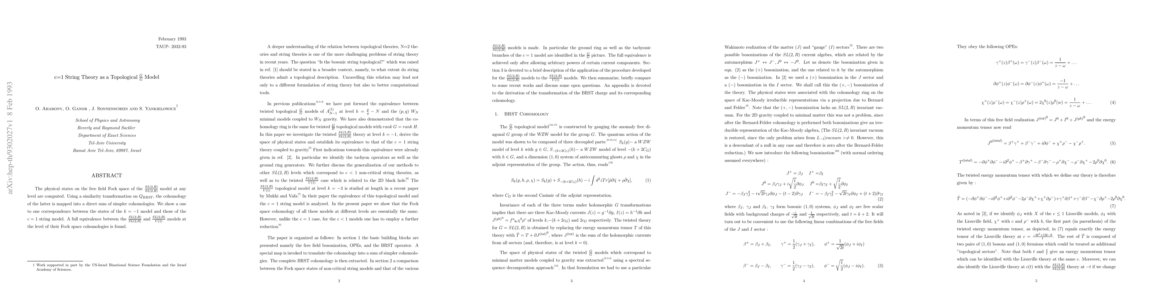 Thumbnail for c=1 String Theory as a Topological G/G Model