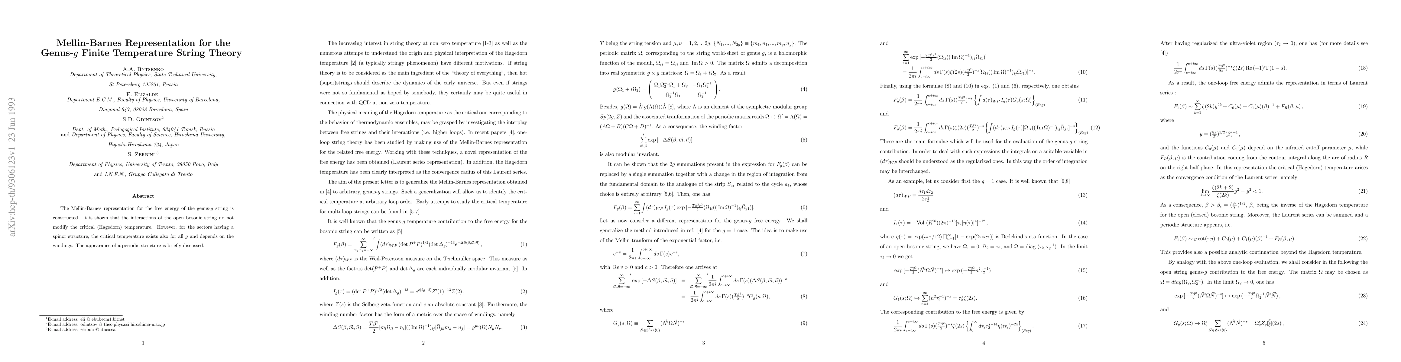 Thumbnail for Mellin-Barnes Representation for the Genus-g Finite Temperature String
  Theory