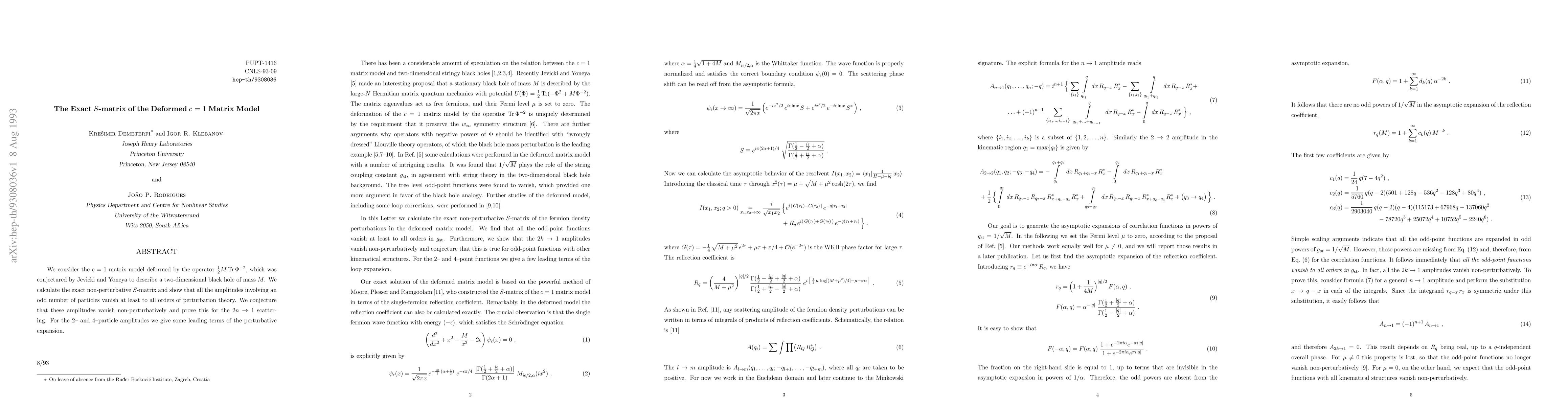 Thumbnail for The Exact $S$-matrix of the Deformed $c=1$ Matrix Model