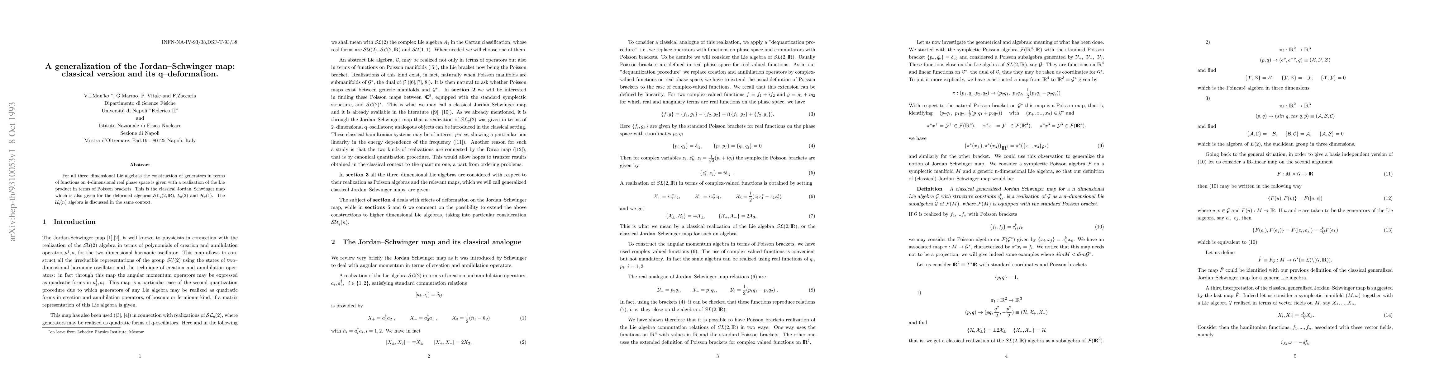 Thumbnail for A generalization of the Jordan-Schwinger map: classical version and its
  q--deformation