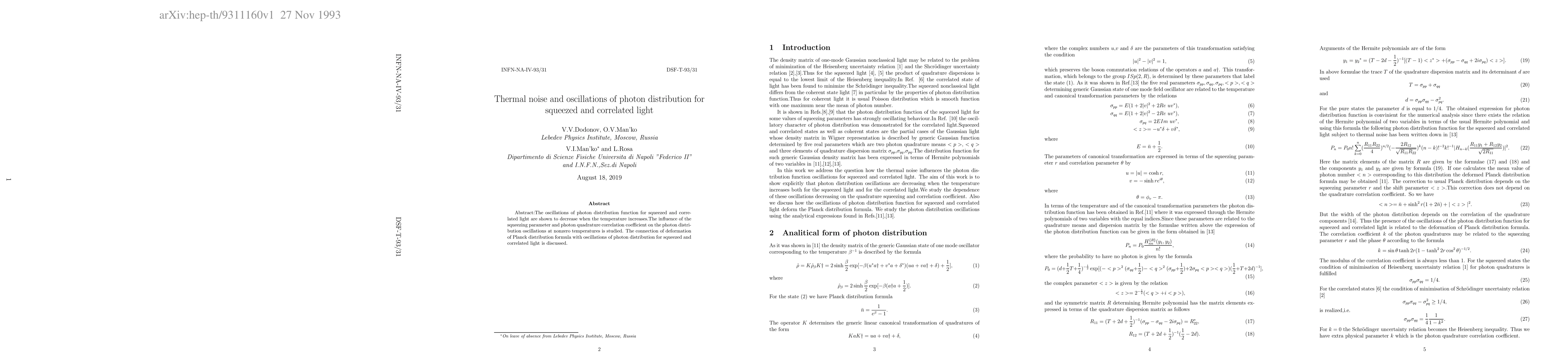 Thumbnail for Thermal noise and oscillations of photon distribution for squeezed and
  correlated light