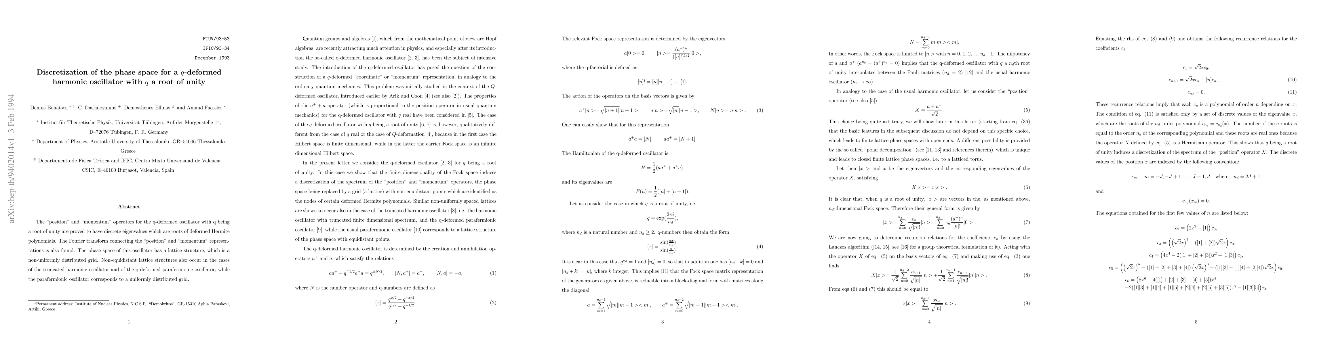 Thumbnail for Discretization of the phase space for a q-deformed harmonic oscillator
  with q a root of unity