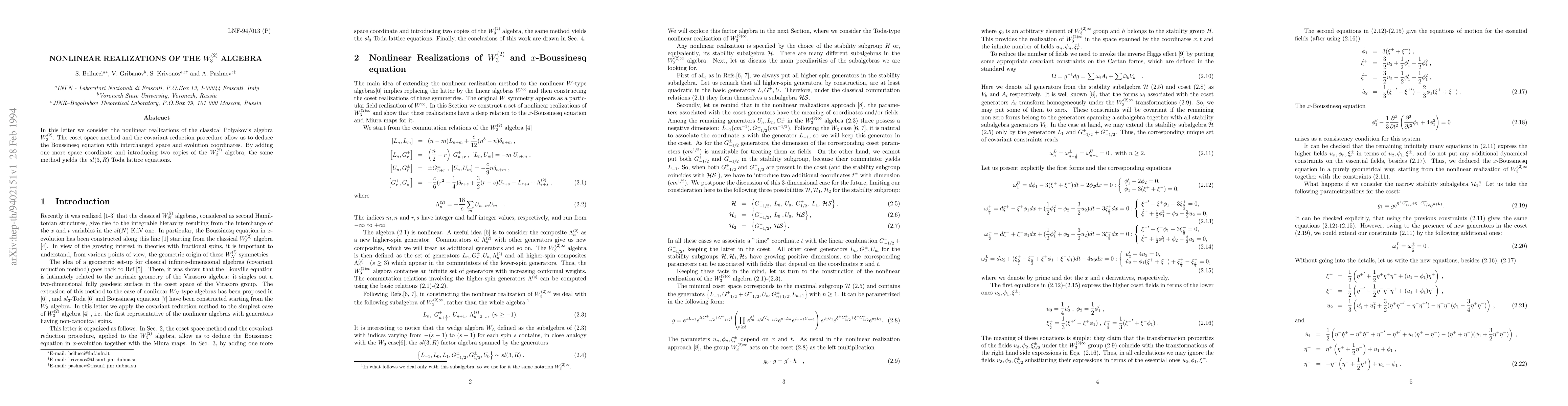 Thumbnail for Nonlinear Realizations of the $W_3^{(2)}$ Algebra