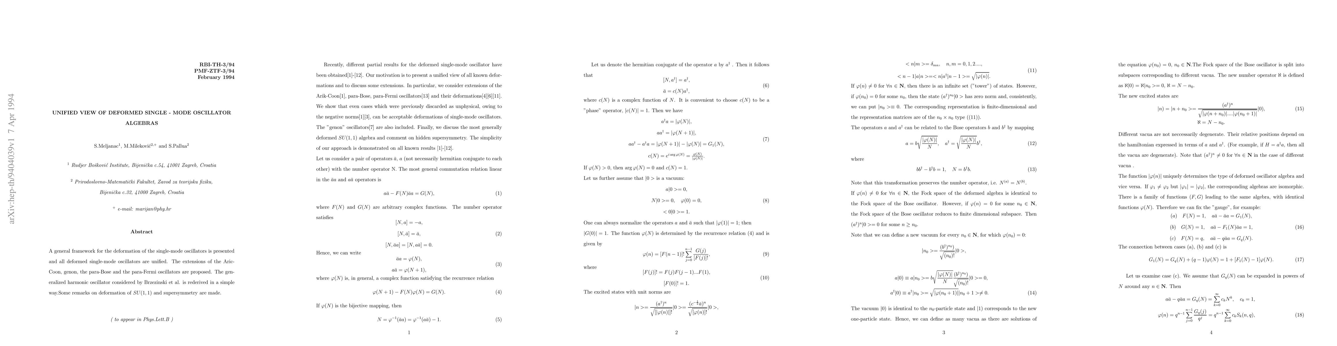Thumbnail for Unified View of Deformed Single - Mode Oscillator Algebras