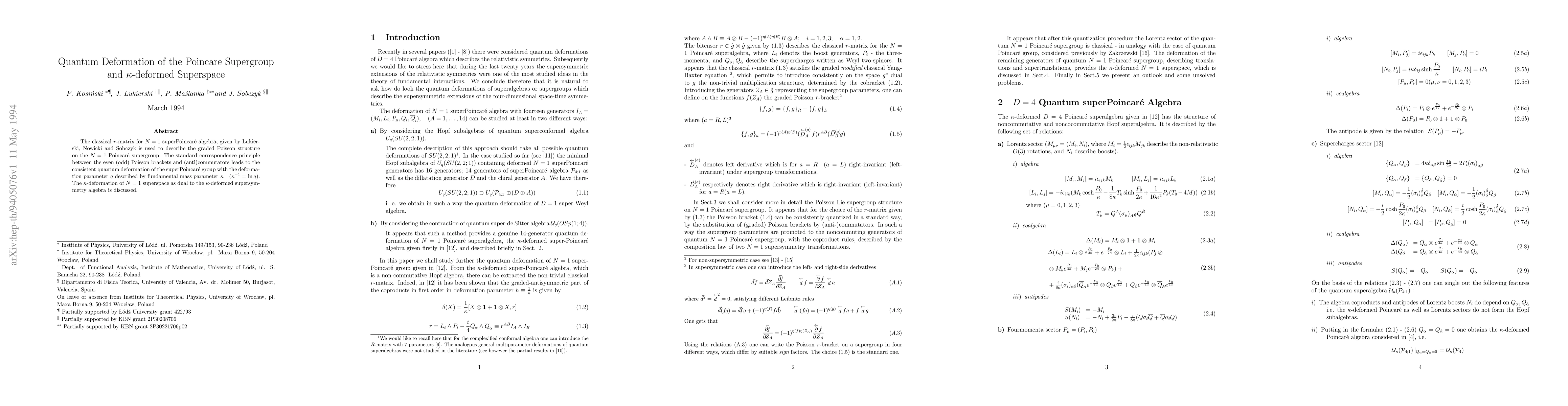Thumbnail for Quantum Deformation of the Poincare Supergroup and $\kappa$-deformed
  Superspace
