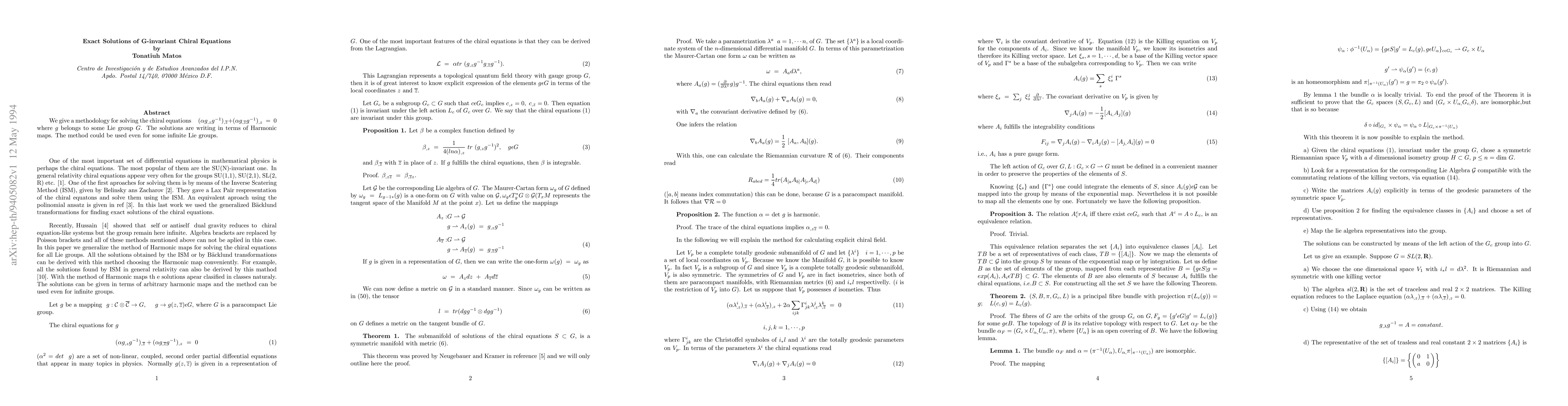 Thumbnail for Exact Solutions of G-Invariant Chiral Equations