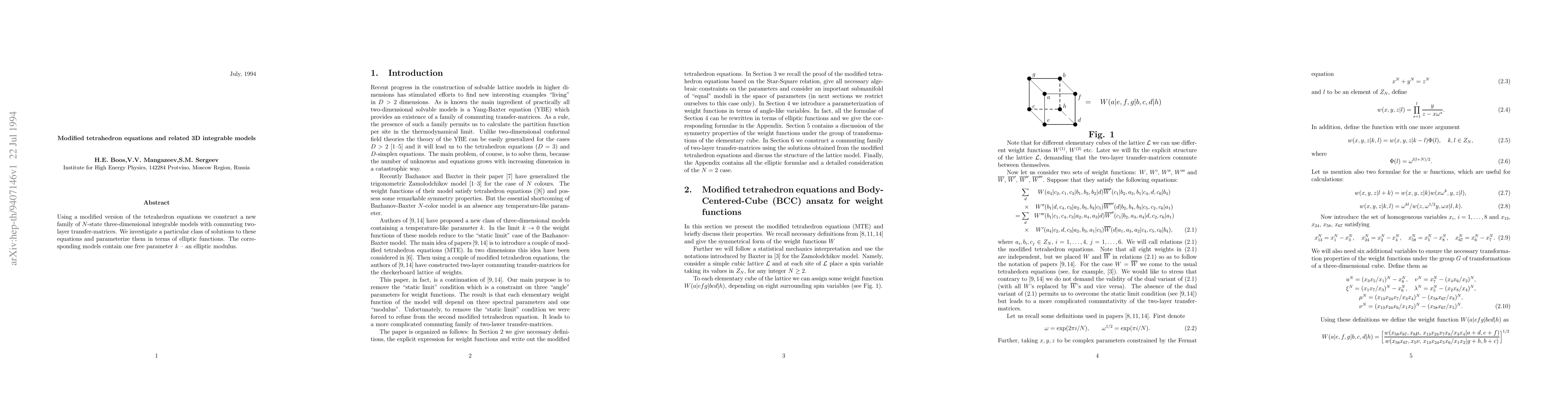 Thumbnail for Modified Tetrahedron Equations and Related 3D Integrable Models