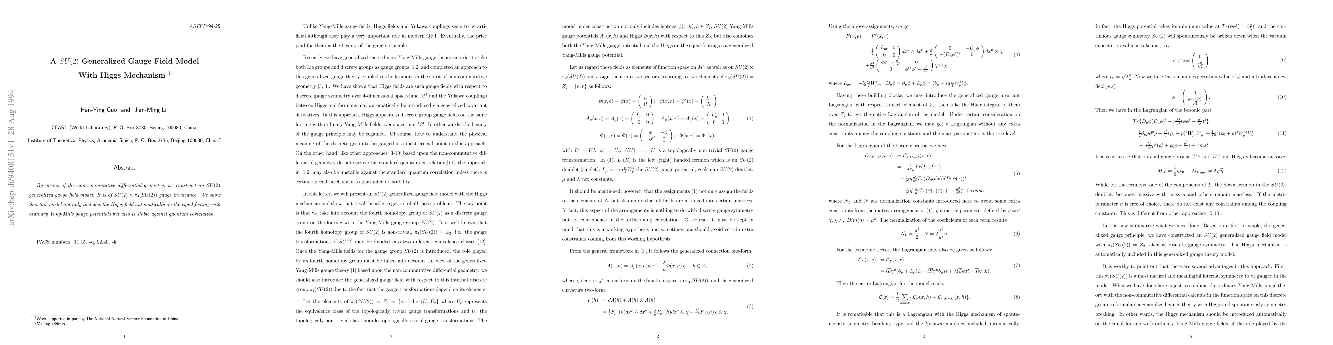 Thumbnail for A $SU(2)$ Generalized Gauge Field Model With Higgs Mechanism