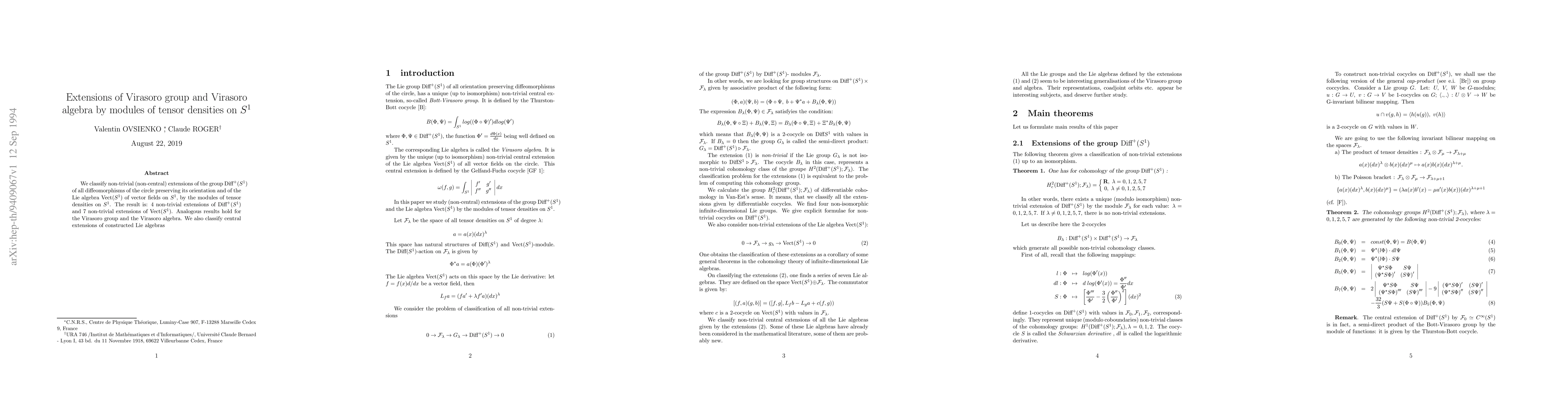 Thumbnail for Extensions of Virasoro group and Virasoro algebra by modules of
  tensor-densities on $S^1$