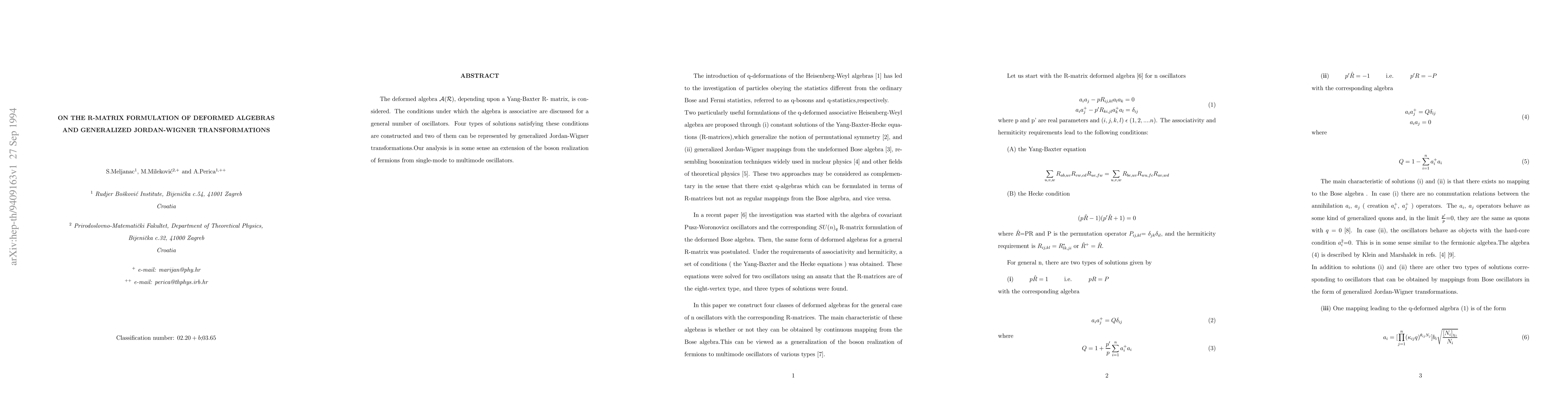 Thumbnail for On the R-Matrix Formulation of Deformed Algebras and Generalized
  Jordan-Wigner Transformations