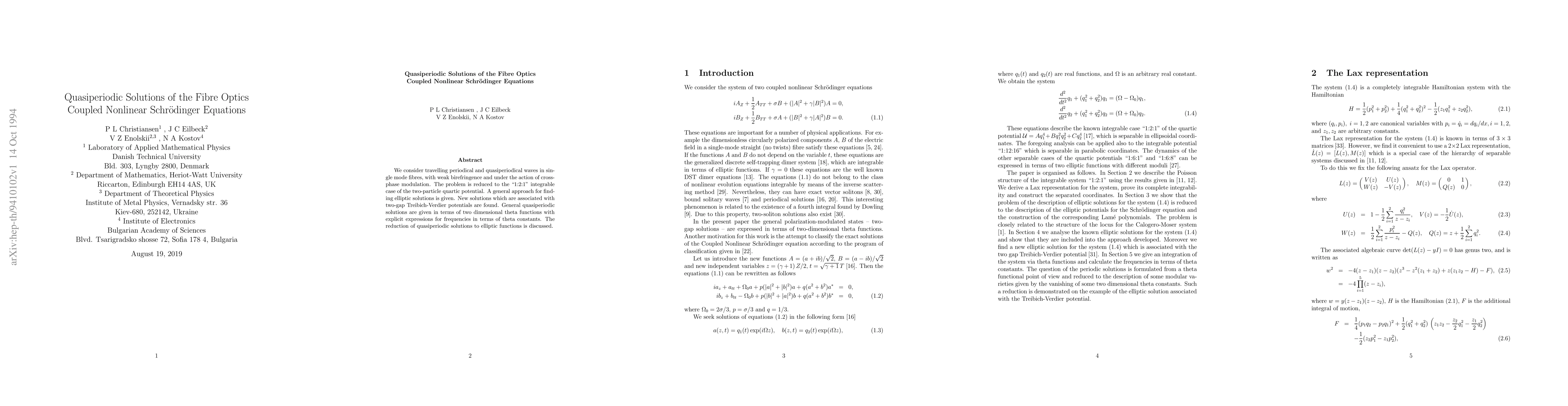 Thumbnail for Quasiperiodic Solutions of the Fibre Optics Coupled Nonlinear
  Schr{\"o}dinger Equations