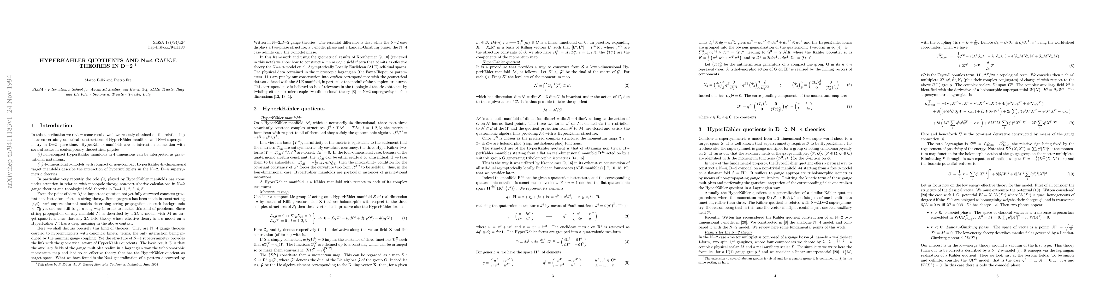 Thumbnail for HyperK\"ahler quotients and N=4 gauge theories in D=2