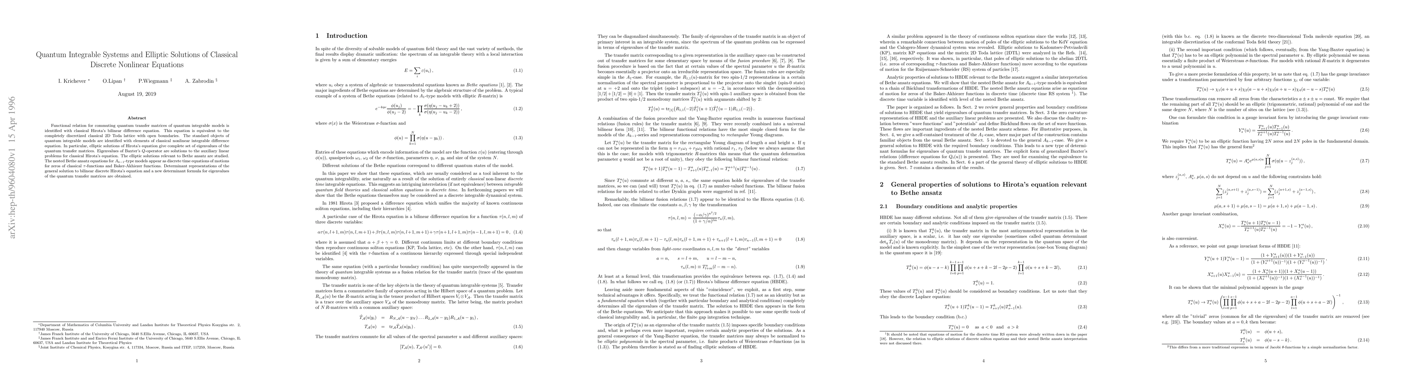 Thumbnail for Quantum Integrable Systems and Elliptic Solutions of Classical Discrete
  Nonlinear Equations