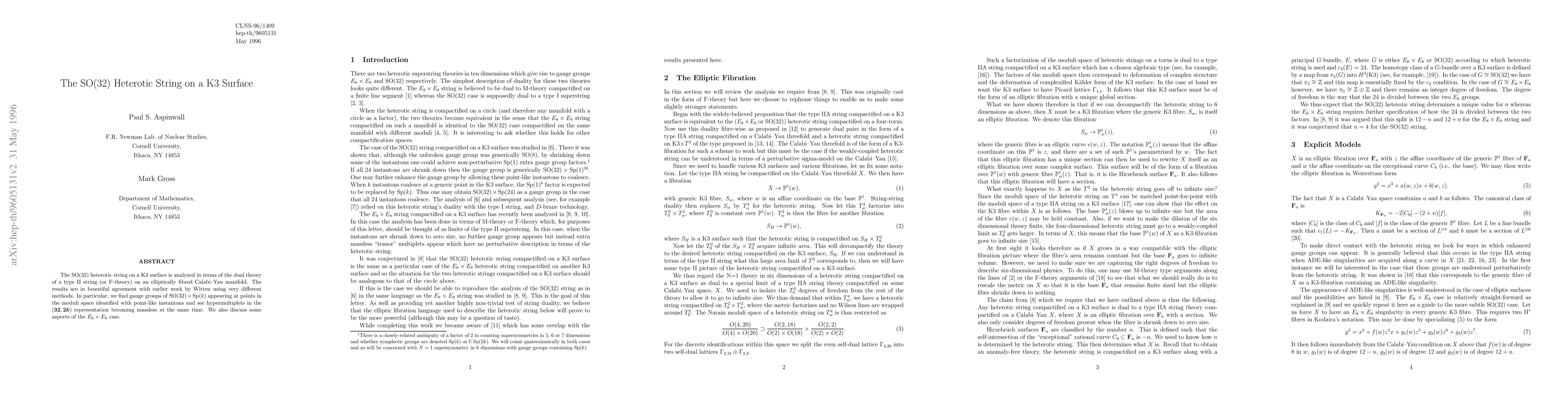 Thumbnail for The SO(32) Heterotic String on a K3 Surface