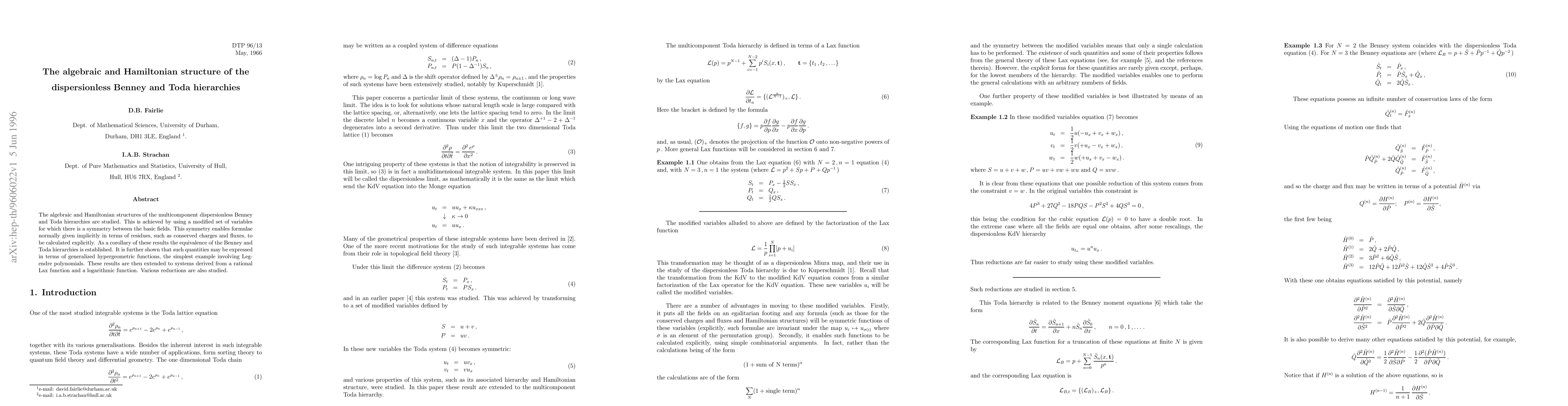 Thumbnail for The algebraic and Hamiltonian structure of the dispersionless Benney and
  Toda hierarchies