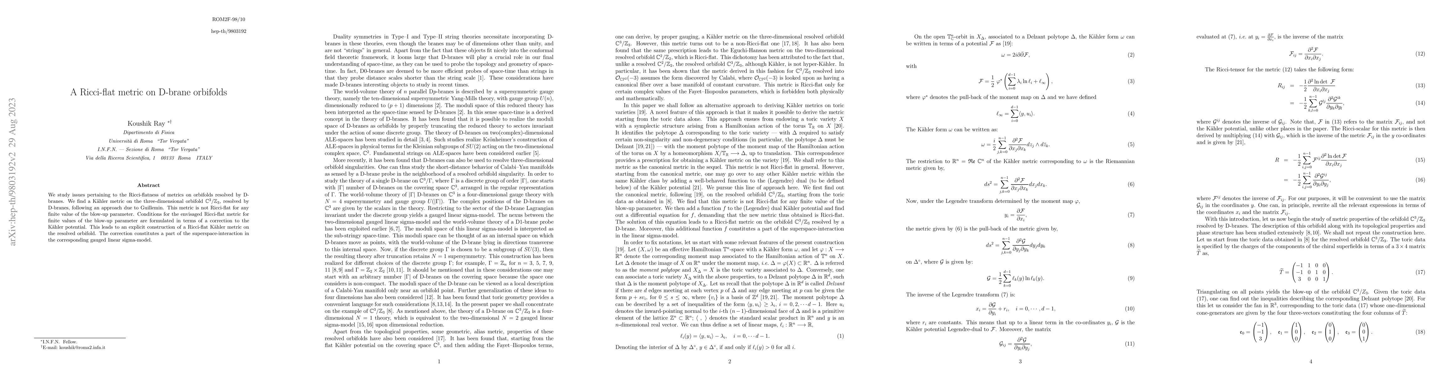 Thumbnail for A Ricci-flat metric on D-brane orbifolds
