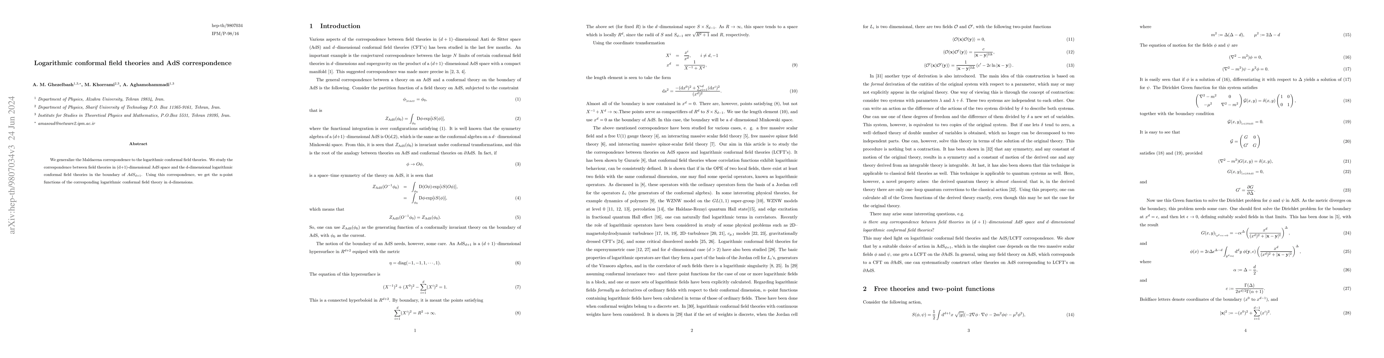 Thumbnail for Logarithmic conformal field theories and AdS correspondence