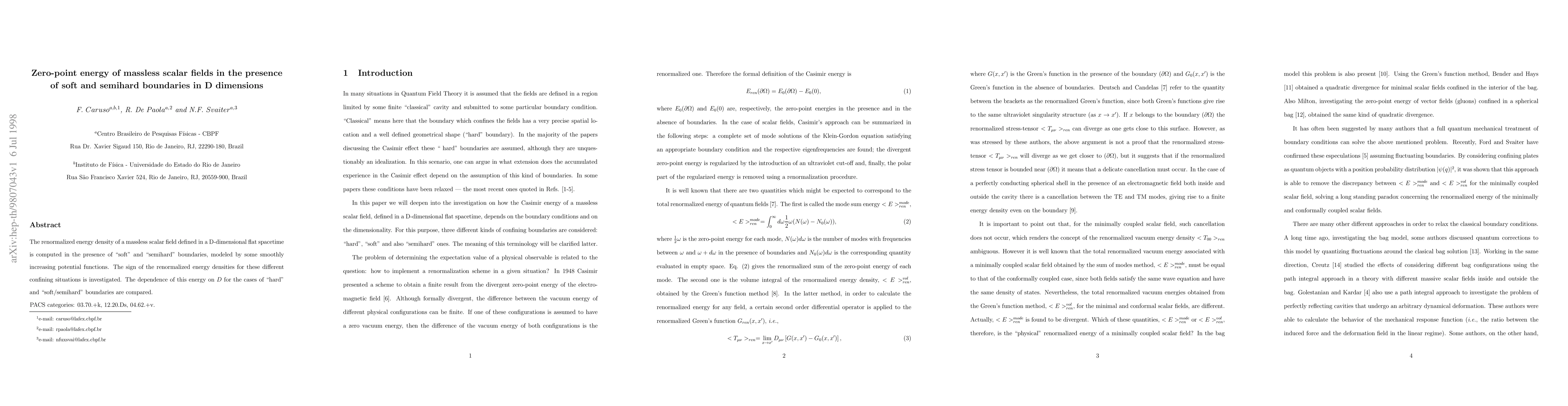 Thumbnail for Zero-point energy of massless scalar fields in the presence of soft and
  semihard boundaries in D dimensions