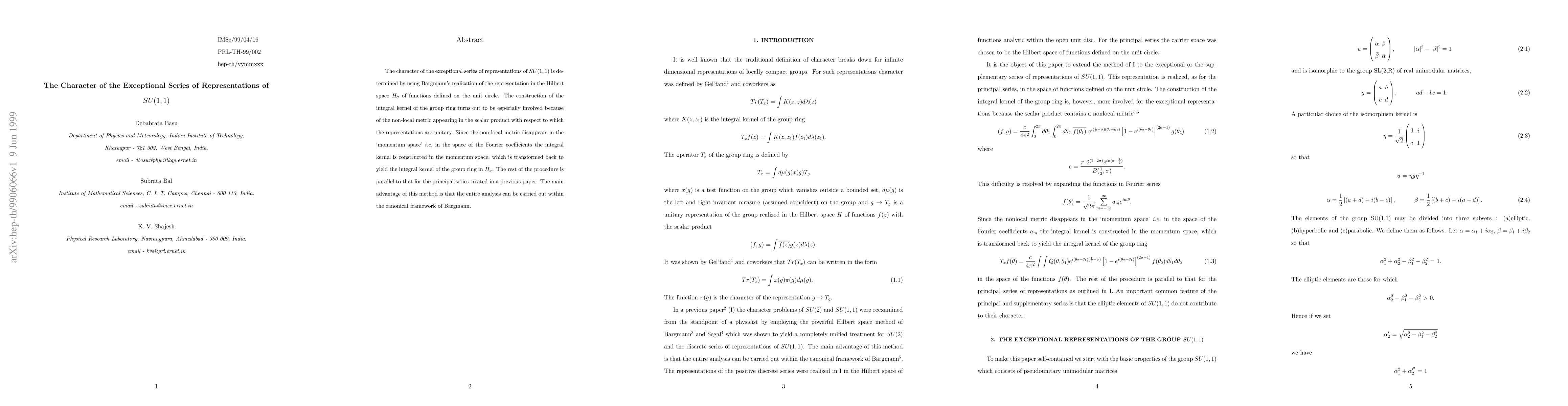 Thumbnail for The Character of the Exceptional Series of Representations of SU(1,1)