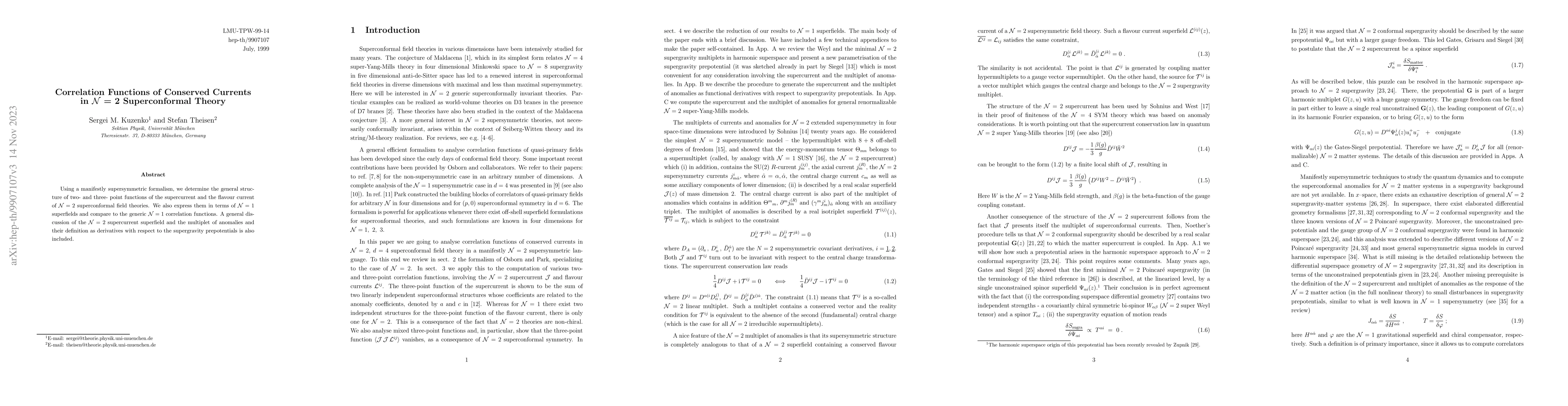 Thumbnail for Correlation Functions of Conserved Currents in N = 2 Superconformal
  Theory