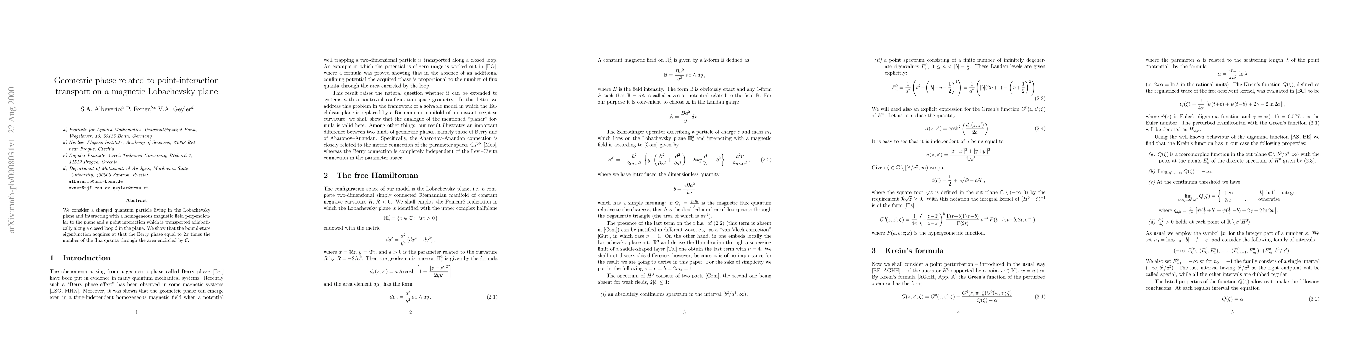 Thumbnail for Geometric phase related to point-interaction transport on a magnetic
  Lobachevsky plane