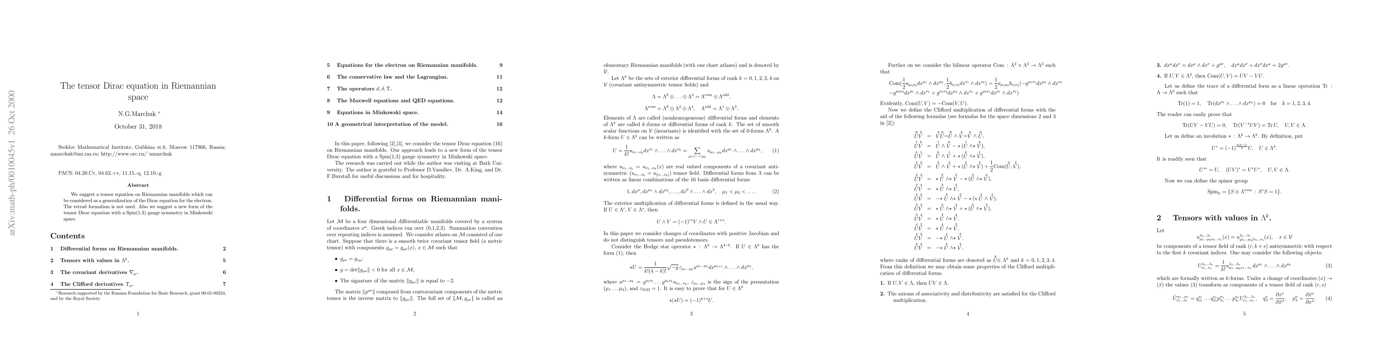 Thumbnail for The tensor Dirac equation in Riemannian space