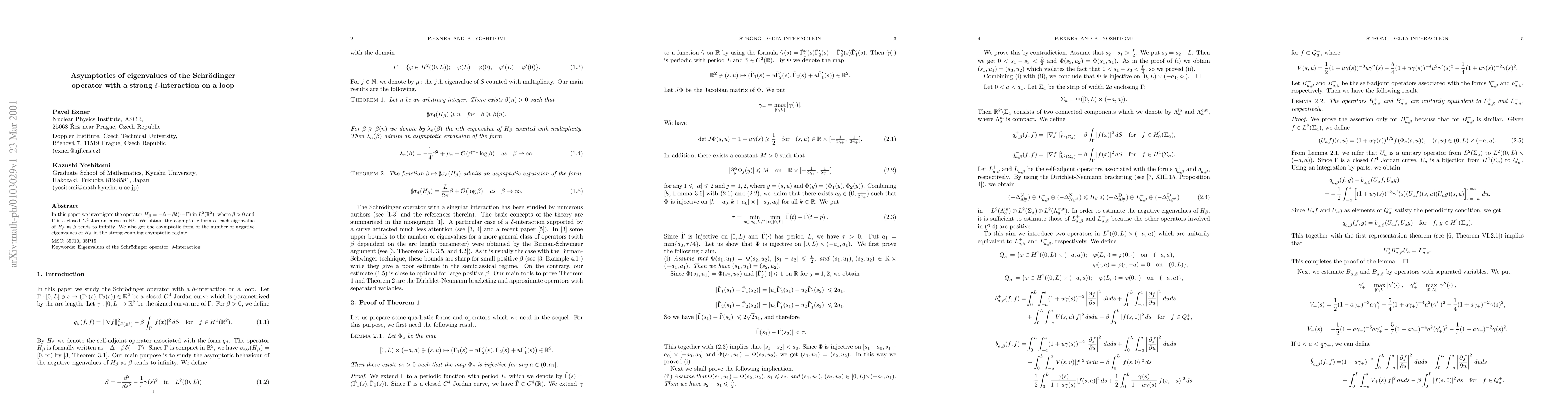 Thumbnail for Asymptotics of eigenvalues of the Schroedinger operator with a strong
  delta-interaction on a loop
