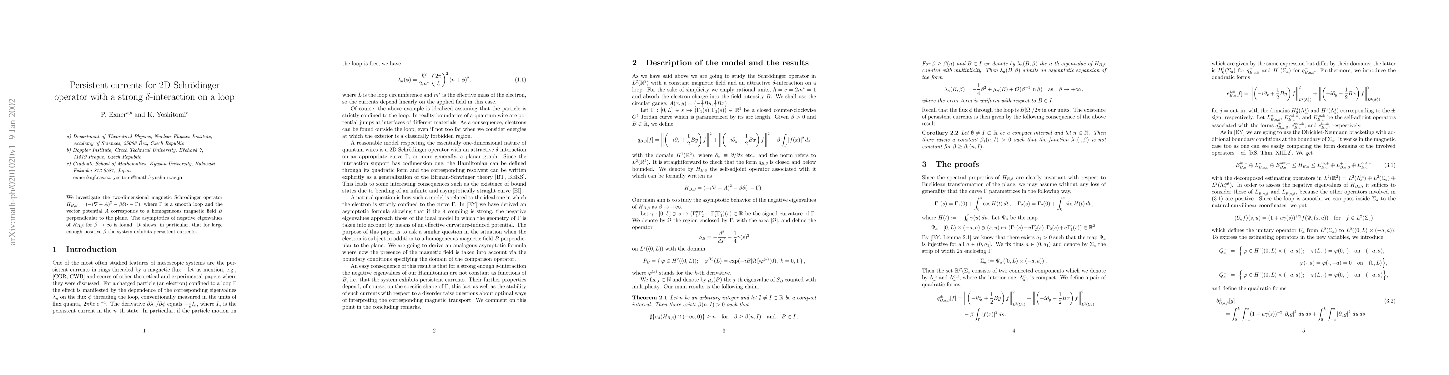 Thumbnail for Persistent currents for 2D Schr\"odinger operator with a strong
  $\delta$-interaction on a loop