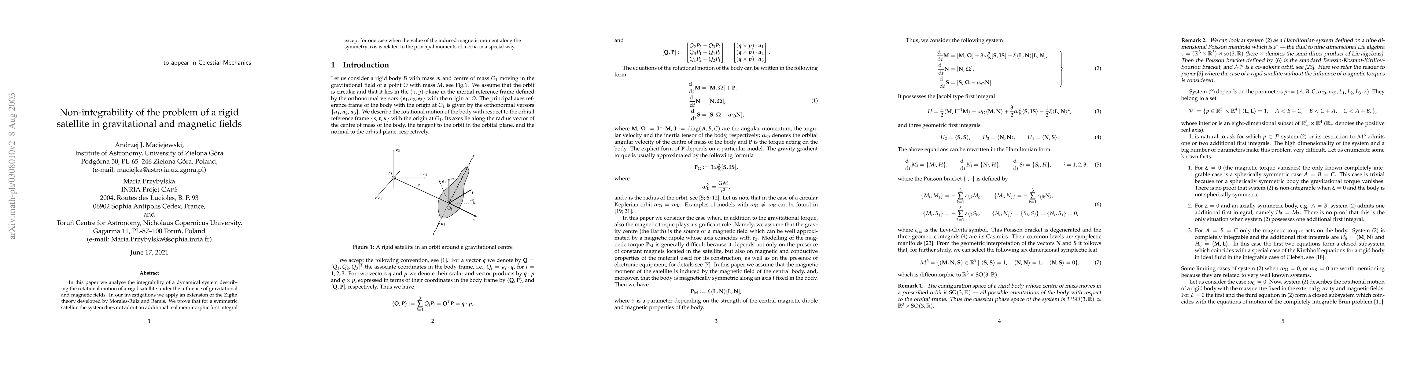 Thumbnail for Non-integrability of the problem of a rigid satellite in gravitational
  and magnetic fields