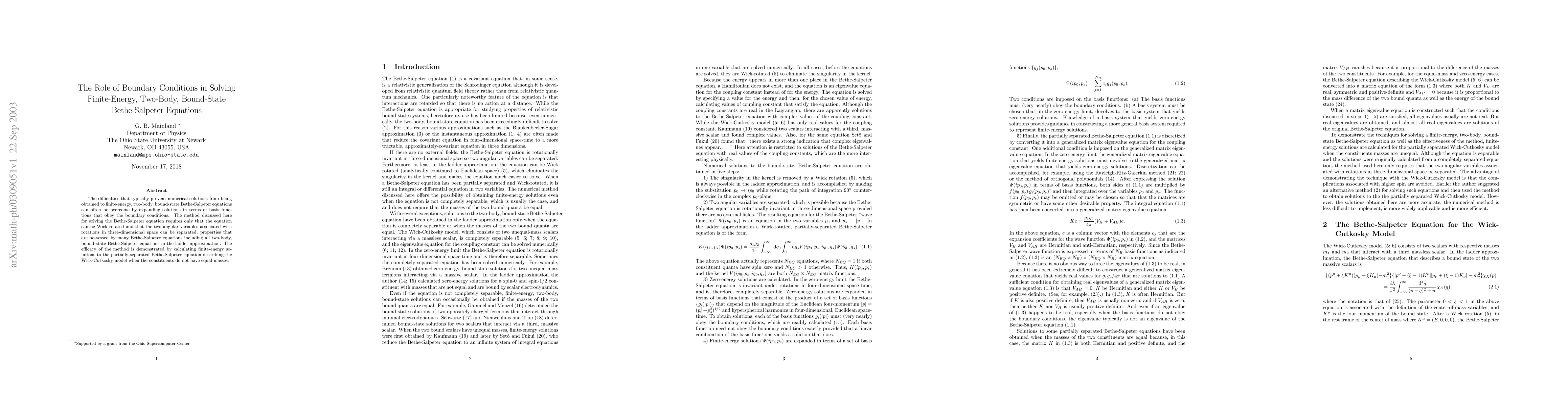 Thumbnail for The Role of Boundary Conditions in Solving Finite-Energy, Two-Body,
  Bound-State Bethe-Salpeter Equations