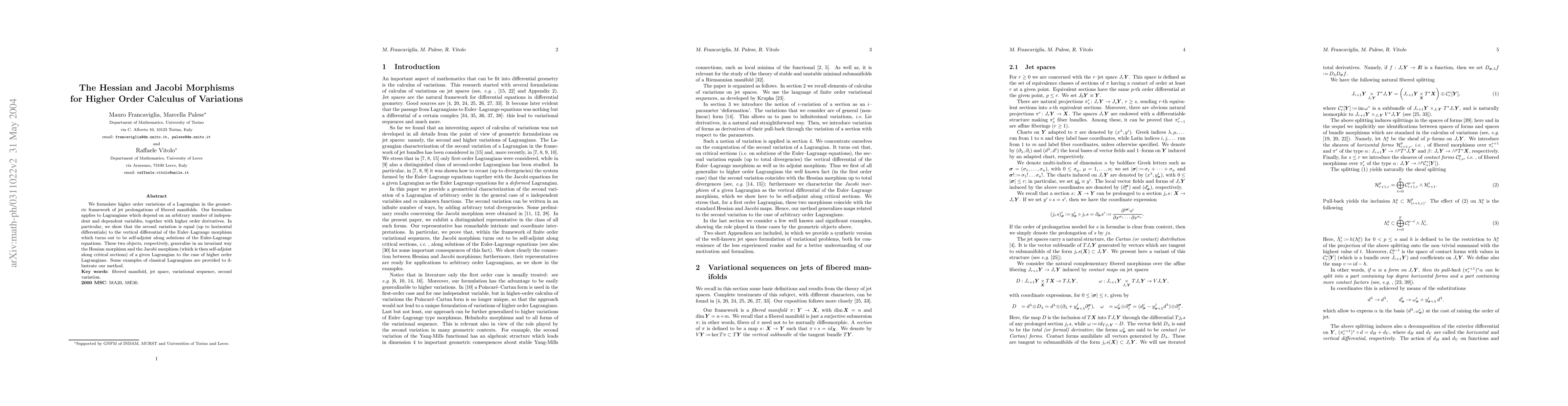 Thumbnail for The Hessian and Jacobi Morphisms for Higher Order Calculus of Variations