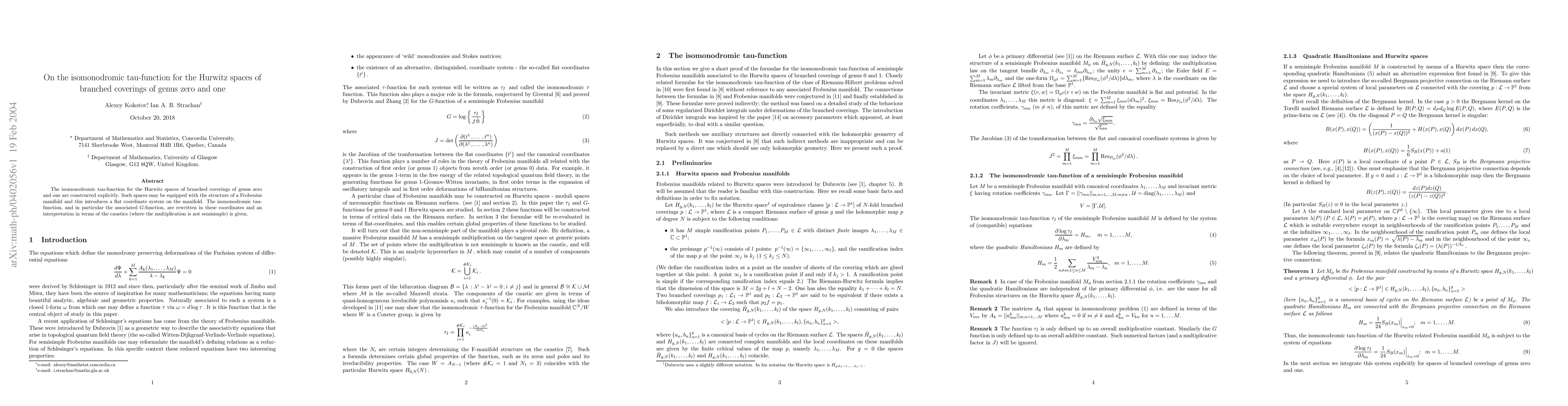 Thumbnail for On the isomonodromic tau-function for the Hurwitz spaces of branched
  coverings of genus zero and one