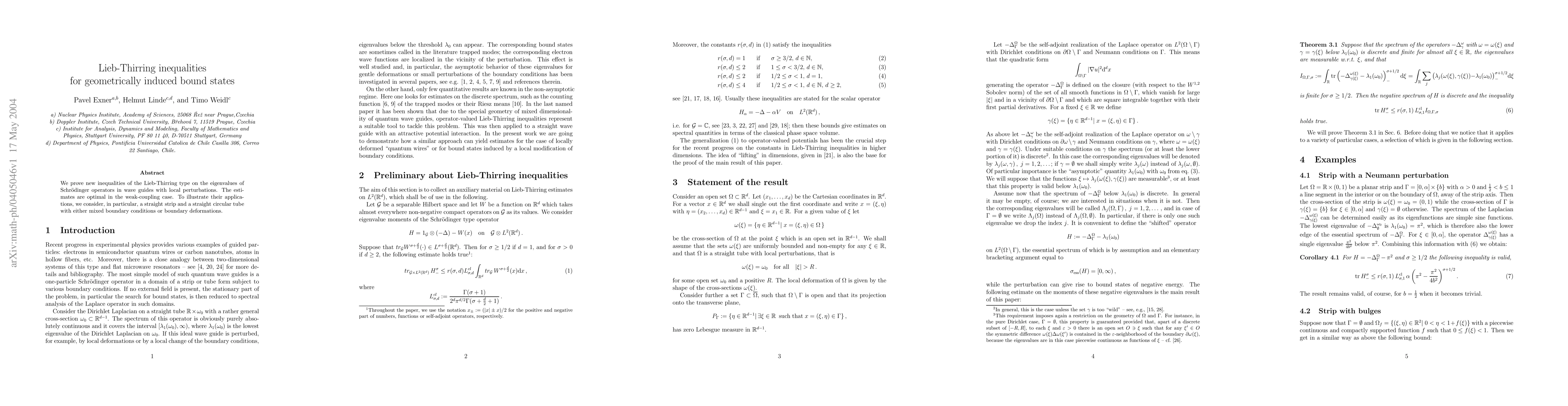 Thumbnail for Lieb-Thirring inequalities for geometrically induced bound states